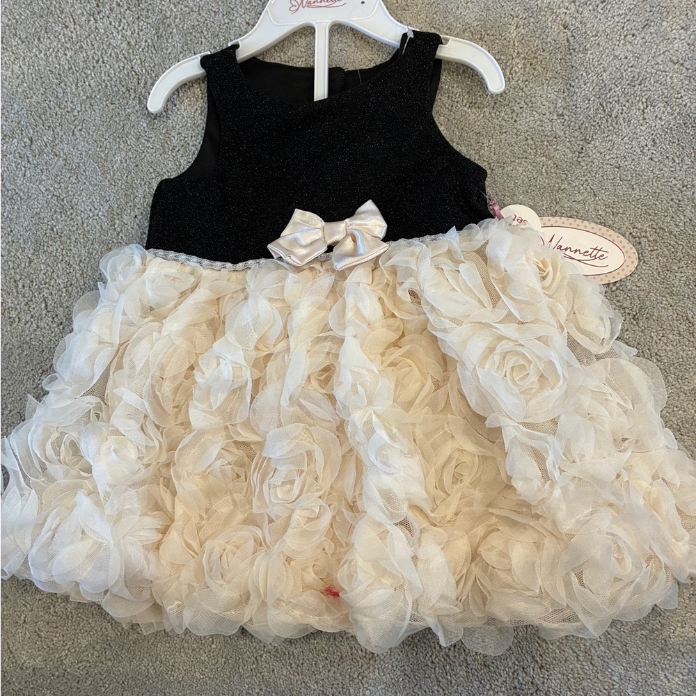 Baby Nannette Black Tie Formal Cream Rosette Rose Tulle Flower Girl Dress 6-9mos